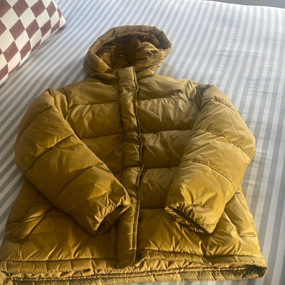 Everlane puffer in a beautiful gold/mustard yellow